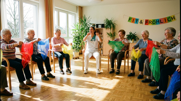 Eine Gruppe von Senioren sitzt im Kreis und macht leichte Sitzgymnastik mit bunten Tüchern. Eine motivierte Betreuungskraft macht die Übungen freudig vor. Heller Raum mit Parkettboden, fröhliche Stimmung.