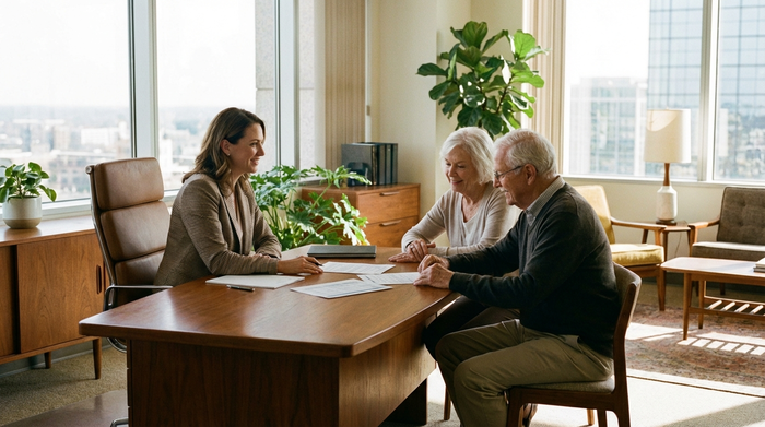 Ein älteres Ehepaar sitzt gemeinsam mit einer Beraterin an einem Schreibtisch und schaut sich entspannt Unterlagen an. Die Beraterin lächelt freundlich. Modernes Büro, seriöse und vertrauensvolle Stimmung.