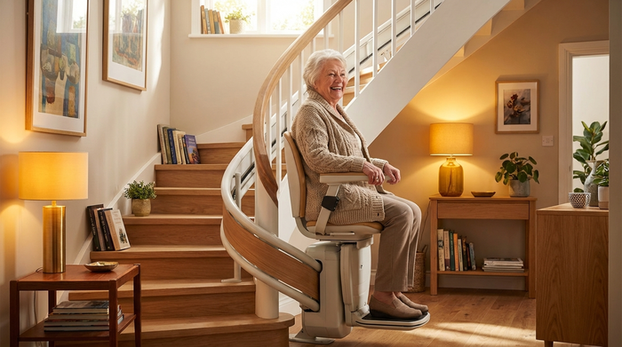 Eine ältere Dame sitzt bequem in einem modernen Treppenlift und fährt sicher die elegante Holztreppe in ihrem gepflegten Zuhause hinauf. Sie lächelt entspannt. Warme Beleuchtung, wohnliches Ambiente.