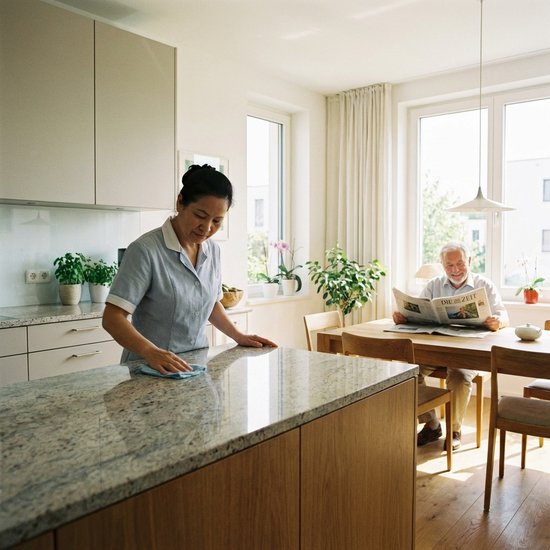 Eine engagierte Haushaltshilfe reinigt sorgfältig die Arbeitsfläche einer modernen, hellen Küche. Im Hintergrund sitzt ein zufriedener Senior mit einer Zeitung. Realistische, saubere Umgebung ohne Text.