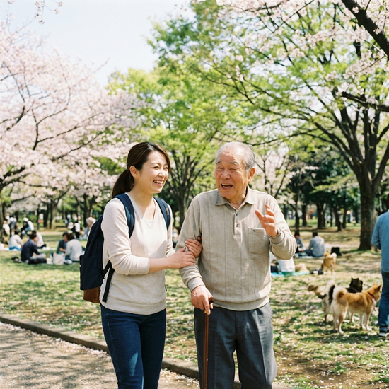 Ein freundlicher Alltagsbegleiter spaziert gemeinsam mit einem älteren Herrn durch einen grünen, sonnigen Park. Beide lächeln und unterhalten sich angeregt. Frühlingshafte, positive Atmosphäre.