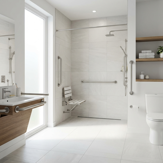 Ein barrierefreies, helles Badezimmer mit einer bodengleichen Dusche und Haltegriffen. Modernes Design, sauber und sicher für Senioren eingerichtet.