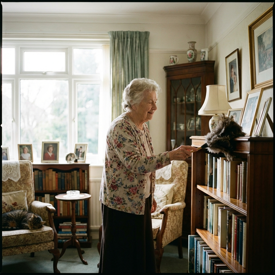 Eine ältere Frau wischt mit einem Staubwedel vorsichtig ein Regal in einem ordentlichen, traditionellen Wohnzimmer. Sanftes Tageslicht fällt durch das Fenster.