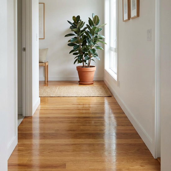 Ein sauberer, glänzender Holzboden in einem aufgeräumten Flur mit einer grünen Zimmerpflanze im Hintergrund.