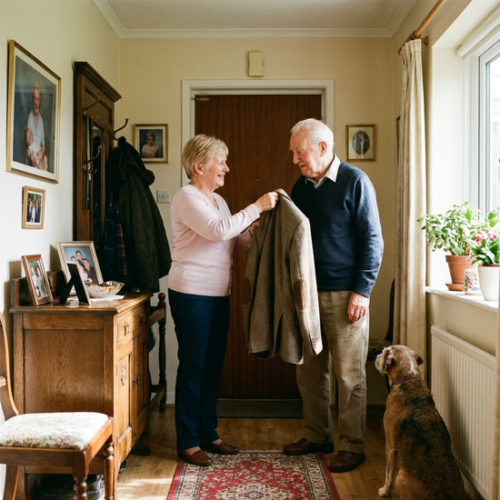 Eine Seniorenassistentin reicht einem älteren Mann liebevoll seine Jacke in einem freundlich eingerichteten Flur, bereit für einen Spaziergang.