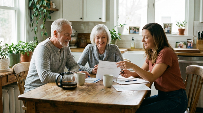 Ein älteres Ehepaar sitzt am Küchentisch und bespricht lächelnd Dokumente mit einer sympathischen Beraterin. Kaffeetassen stehen auf dem Holztisch.