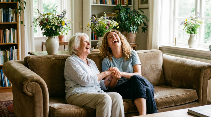 Zwei Frauen unterschiedlichen Alters sitzen auf einem bequemen Sofa, lachen herzhaft und halten sich an den Händen. Im Hintergrund stehen frische Blumen.
