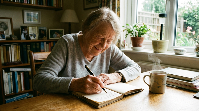 Eine ältere Dame schreibt mit einem Stift auf einen Notizblock an einem sonnigen Schreibtisch, eine dampfende Tasse Tee steht direkt daneben.