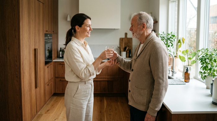 Eine professionelle, freundliche Pflegekraft in dezenter, heller Alltagskleidung reicht einem älteren Herrn liebevoll ein Glas Wasser. Sie befinden sich in einer sauberen, modernen Küche mit warmem Holzdekor. Sanftes Tageslicht fällt durch das Fenster. Entspannte und vertrauensvolle Atmosphäre.