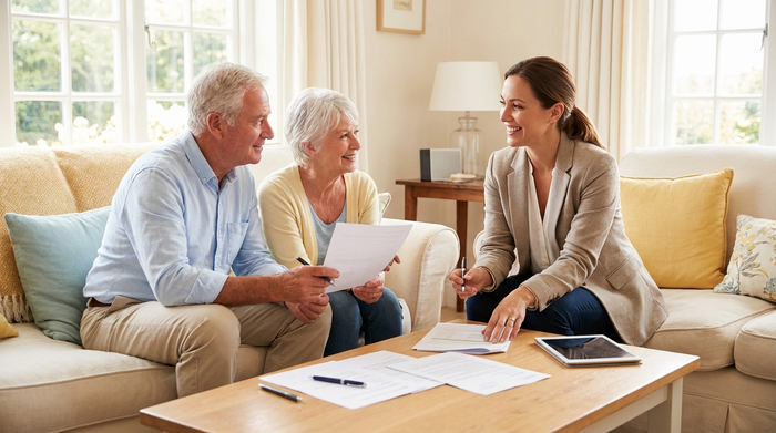 Ein älteres Ehepaar sitzt entspannt auf einem bequemen Sofa im Wohnzimmer und bespricht Dokumente mit einer sympathischen Beraterin. Auf dem Tisch liegen einige Papiere und Stifte. Die Atmosphäre ist professionell, aber sehr herzlich und beruhigend. Helle, freundliche Farben.