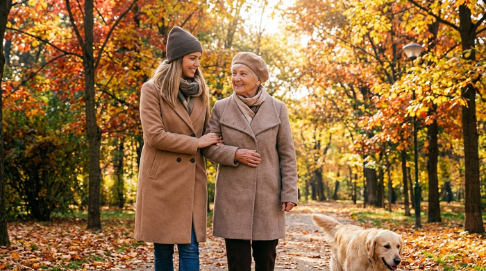 Eine junge, hilfsbereite Betreuerin stützt eine ältere Dame sanft beim gemeinsamen Spaziergang durch einen herbstlichen Park mit bunten Bäumen. Beide tragen warme, stilvolle Kleidung und lächeln sich an. Klares Sonnenlicht, realistische Naturumgebung.