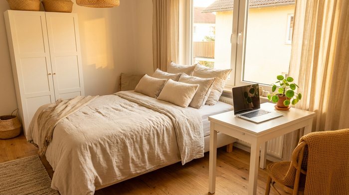 Ein helles, freundlich eingerichtetes Gästezimmer mit einem komfortablen Bett, einem weißen Kleiderschrank und einem kleinen Schreibtisch am Fenster. Auf dem Schreibtisch steht ein Laptop. Eine kleine Topfpflanze sorgt für Gemütlichkeit. Warmes, einladendes Ambiente ohne Text.