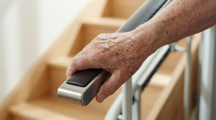 Eine Nahaufnahme einer älteren Hand, die sicher den eleganten Griff eines modernen Treppenlifts hält. Im Hintergrund ist eine gepflegte, helle Holztreppe in einem Einfamilienhaus unscharf zu erkennen. Fokus auf Sicherheit und Mobilität im Alltag.
