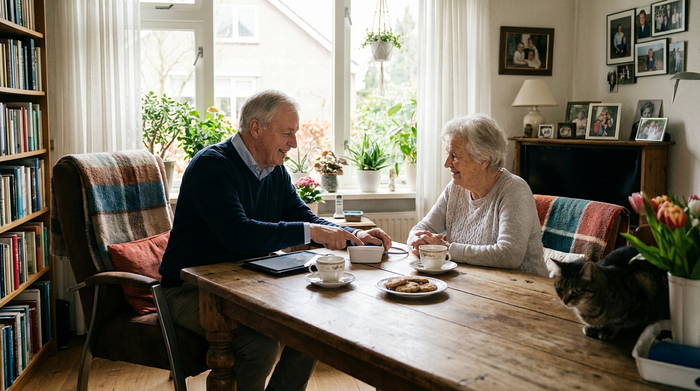 Eine ausführliche Beratungssituation zu Hause: Ein Medizinprodukteberater sitzt mit einer älteren Dame an einem Holztisch in einem gemütlichen Wohnzimmer und bespricht freundlich die Details. Helle, einladende Atmosphäre, keine sichtbaren Schriften.