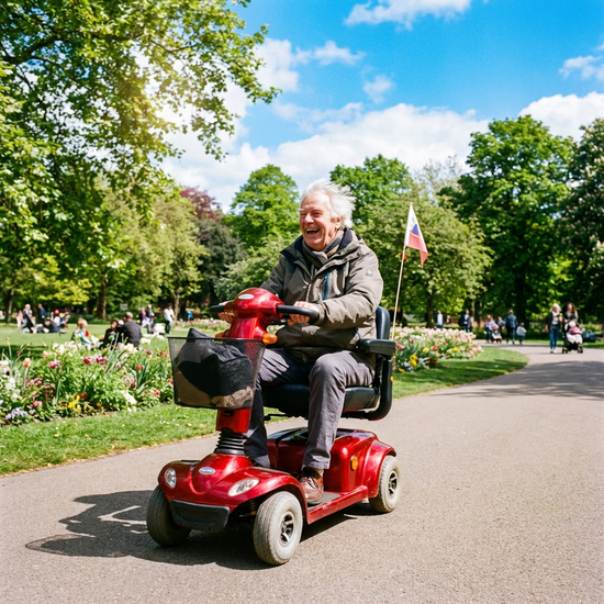 Ein rüstiger Senior fährt fröhlich mit einem roten Elektromobil auf einem gepflasterten Weg in einem Park. Im Hintergrund sind grüne Bäume und ein strahlend blauer Himmel zu sehen. Reale Szene, dynamisch und lebensbejahend.
