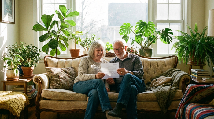 Ein älteres Ehepaar sitzt entspannt auf einem Sofa und schaut lächelnd auf ein Dokument in ihren Händen. Sie wirken erleichtert und glücklich. Helles, sonnendurchflutetes Wohnzimmer mit Zimmerpflanzen im Hintergrund.