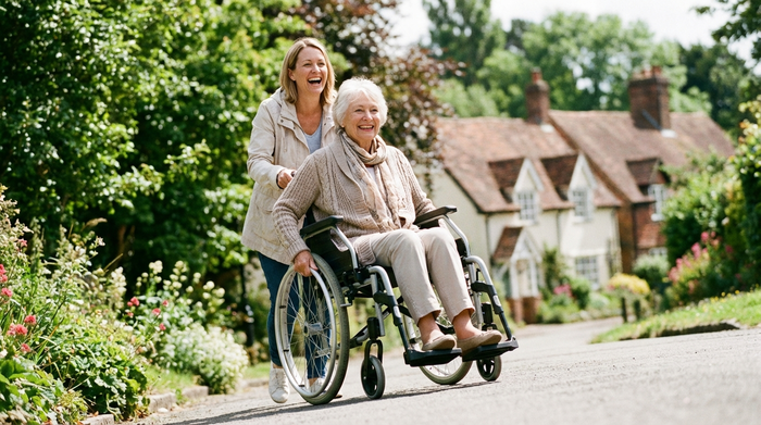 Eine gepflegte, ältere Frau sitzt in einem Rollstuhl und wird von ihrer Tochter mühelos eine leichte Steigung auf einem Gehweg hinaufgeschoben. Beide lächeln. Schönes Wetter, grüne Natur und unscharfe Häuser im Hintergrund.
