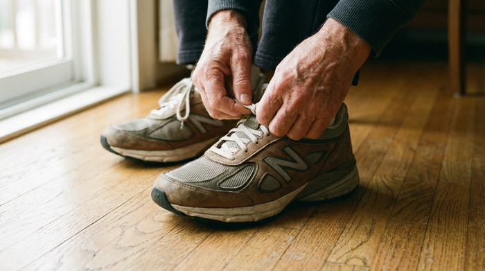 Nahaufnahme von bequemen, stützenden Laufschuhen auf einem sauberen Holzboden. Ein älterer Herr schnürt die Schuhe, weiches Morgenlicht fällt durch das Fenster. Fokus auf Komfort und Stabilität.