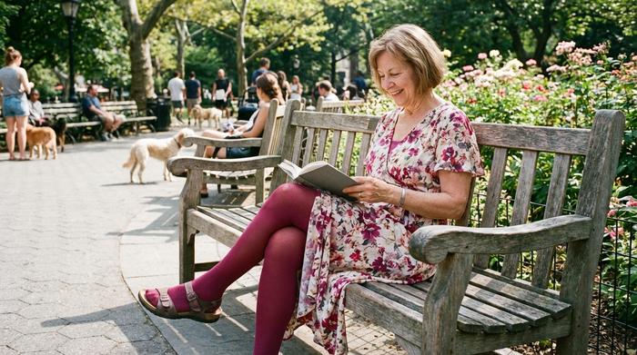 Eine aktive Seniorin sitzt entspannt auf einer gemütlichen Parkbank und liest ein Buch. Sie trägt unauffällige, elegante Strümpfe in einem modischen Beeren-Farbton, die perfekt zu ihrem Sommerkleid passen. Entspannte Atmosphäre.