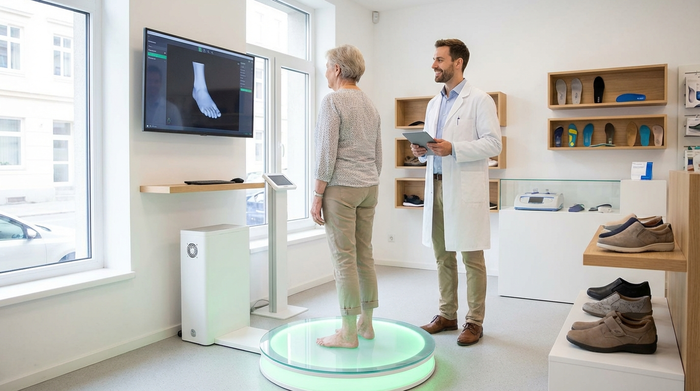 Ein heller, moderner Raum in einem Sanitätshaus. Eine ältere Dame steht barfuß auf einer beleuchteten, runden Glasplattform für einen 3D-Fußscan. Ein freundlicher Fachmann in weißem Kittel steht daneben. Sauberes, medizinisches Ambiente.