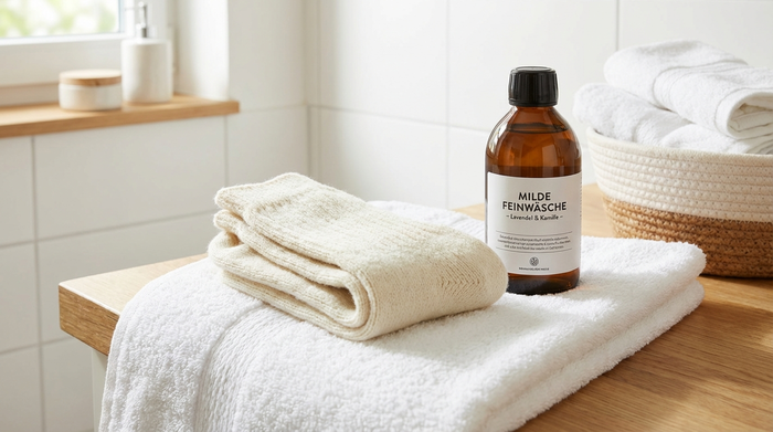 Ein ordentlich gefaltetes Paar frischer Strümpfe liegt auf einem flauschigen weißen Handtuch im Badezimmer. Daneben steht eine Flasche mit mildem Feinwaschmittel. Sauberkeit und sanfte Pflege stehen im Mittelpunkt.