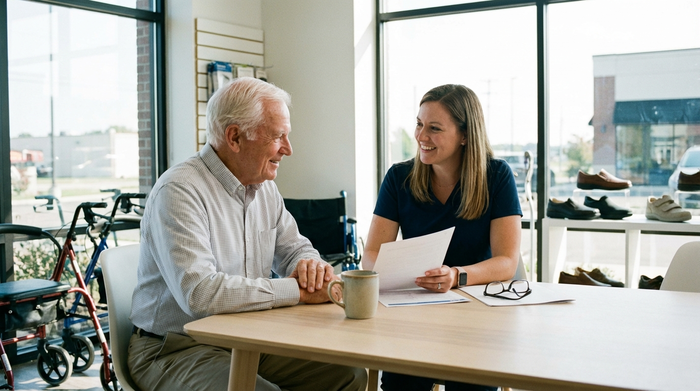 Ein älterer Herr und eine freundliche Fachberaterin sitzen an einem hellen Holztisch in einem modernen Sanitätshaus. Sie besprechen ein Dokument, entspannte und vertrauensvolle Gesprächssituation mit Kaffeetasse auf dem Tisch.