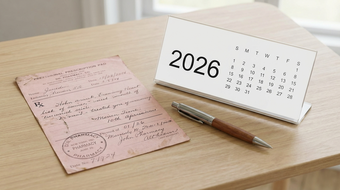 Eine Nahaufnahme eines traditionellen rosa Rezeptformulars, das auf einem hellen Holztisch liegt. Daneben liegt ein moderner digitaler Kalender, der das Jahr 2026 anzeigt, und ein eleganter Kugelschreiber. Fokus auf den Kalender und das Dokument, sauberes Setting, fotorealistisch.