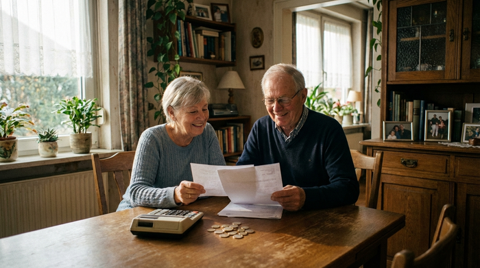 Ein älteres Ehepaar sitzt am heimischen Esstisch und betrachtet lächelnd einige Dokumente. Vor ihnen liegen ein Taschenrechner und ein paar Münzen. Warme, häusliche Atmosphäre mit Tageslicht, das durchs Fenster fällt. Realistisch, positiv, ohne lesbaren Text.