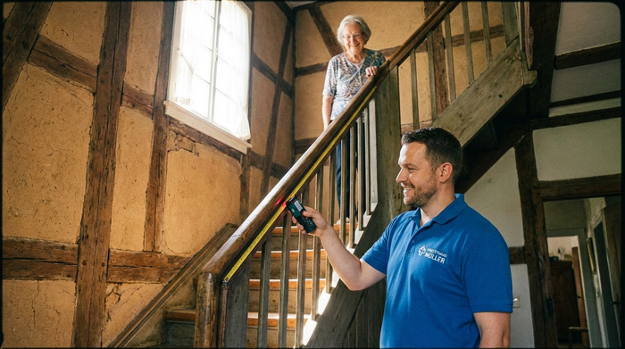 Ein freundlicher Sanitätshaus-Mitarbeiter im blauen Poloshirt steht im Flur eines historischen Fachwerkhauses und misst mit einem Laser-Messgerät die Breite eines Treppenaufgangs. Eine ältere Dame steht im Hintergrund und schaut interessiert zu. Authentische Szene, helles Licht.