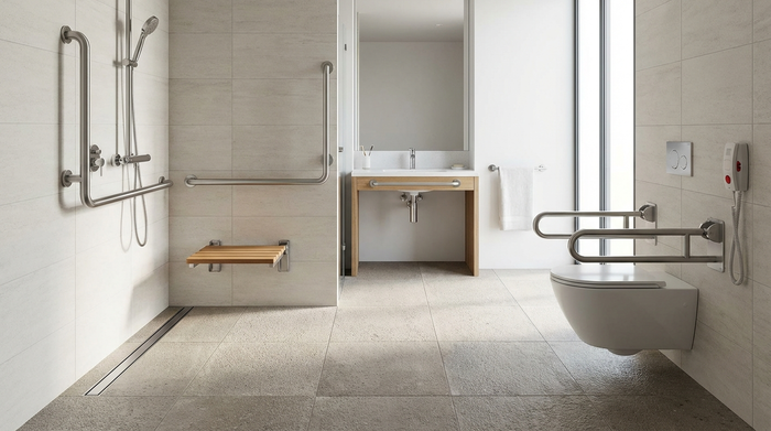 Ein modernes, barrierefreies Badezimmer mit einer bodengleichen Dusche, stabilen Haltegriffen an den Wänden und einem rutschfesten Boden. Helle Fliesen, sauberes und sicheres Design. Keine Personen im Bild, hochwertige Architekturfotografie.