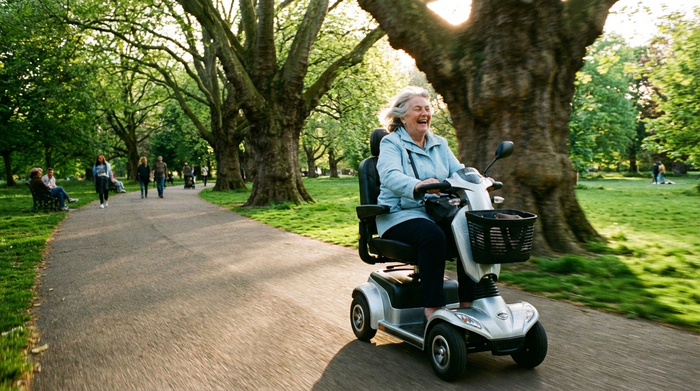 Eine ältere Frau fährt an einem sonnigen Tag glücklich mit einem modernen Elektromobil durch einen grünen Park. Sie trägt eine leichte Jacke. Im Hintergrund sind große Bäume und ein gepflasterter Weg zu sehen. Dynamische, lebensfrohe Szene.