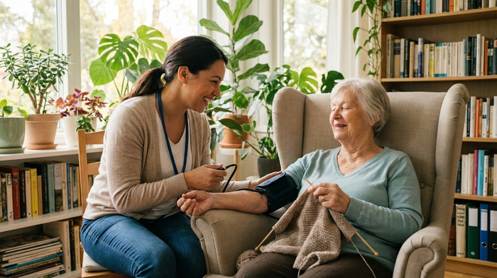 Eine einfühlsame Pflegekraft misst den Blutdruck einer älteren Dame, die entspannt auf einem bequemen Sessel sitzt. Helles, freundliches Zimmer mit Zimmerpflanzen. Realistische Szene, warme Beleuchtung, ohne Text.