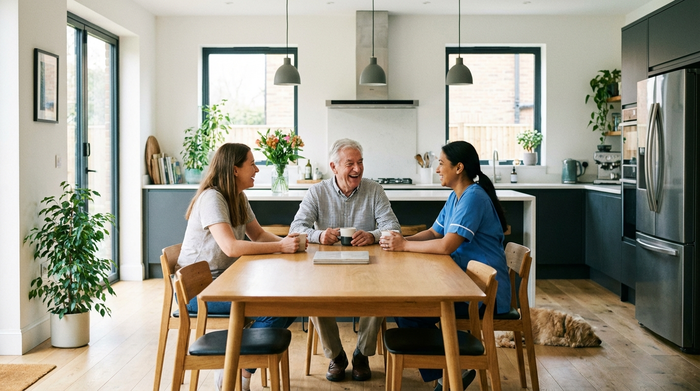 Eine erwachsene Tochter und eine Pflegekraft sitzen gemeinsam mit einem älteren Herrn am Esstisch, lachen und trinken Kaffee. Entspannte, familiäre Atmosphäre in einer modernen, sauberen Küche.