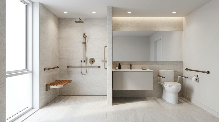 Ein modernes, barrierefreies Badezimmer mit einer ebenerdigen Dusche, eleganten Haltegriffen und einem integrierten Duschsitz. Helle Fliesen, sauberes und sicheres Design, gut ausgeleuchtet, ohne Text oder Diagramme.