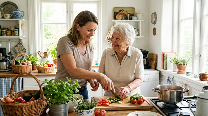 Eine liebevolle Betreuungskraft und eine Seniorin kochen gemeinsam in einer hellen Küche frisches Gemüse. Beide lächeln, warme und vertrauensvolle Stimmung, authentisches Setup, tageslichtdurchflutet.