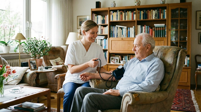 Eine professionelle Pflegekraft misst sanft den Blutdruck eines älteren Herrn im gemütlichen Wohnzimmer. Im Hintergrund ist ein helles Bücherregal zu sehen. Ruhige, vertrauensvolle Atmosphäre, realistische Darstellung ohne Text.