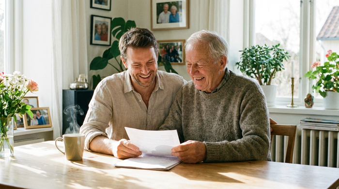 Ein erwachsener Sohn sitzt mit seinem älteren Vater über Dokumenten an einem hellen Holztisch, beide wirken entspannt und lächeln. Neben ihnen steht eine Tasse Tee. Helle, freundliche Umgebung, Fokus auf familiären Zusammenhalt.