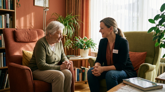 Eine freundliche Beraterin im Pflegebereich spricht im Wohnzimmer mit einer Seniorin. Die Seniorin nickt zustimmend. Warme Farbtöne, komfortable Einrichtung mit Zimmerpflanzen, professionelle und empathische Ausstrahlung.