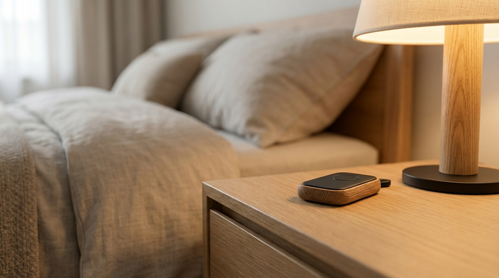 Ein moderner, unauffälliger Hausnotruf-Sender liegt auf einem sauberen Nachttisch aus Eichenholz neben einer Leselampe. Im Hintergrund ein unscharfes, gemütliches Schlafzimmer. Realistisch, hochwertig, ohne Text oder Logos.