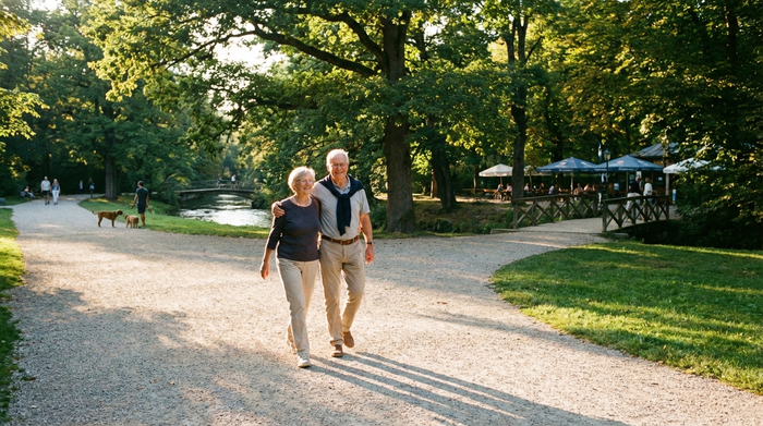 Ein älteres Ehepaar spaziert entspannt durch einen grünen, sonnigen Park in einer deutschen Stadt. Gepflegte Wege, alte Bäume im Hintergrund, realistische Szene, friedliche Stimmung.