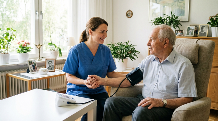 Eine examinierte Pflegekraft misst den Blutdruck eines älteren Herrn in seinem Wohnzimmer. Helles Licht, sauberes Umfeld, professionelle und fürsorgliche Interaktion, realistische Fotografie.