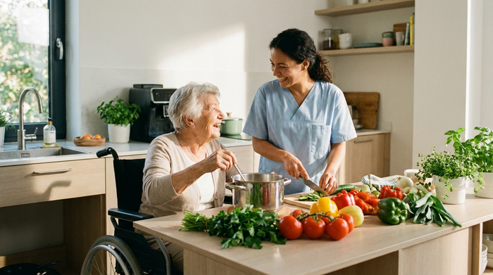 Eine engagierte Betreuungskraft kocht gemeinsam mit einer Seniorin in einer modernen, barrierefreien Küche. Frisches Gemüse auf der Arbeitsplatte, beide lachen, warme und familiäre Atmosphäre.