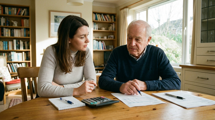 Eine Tochter sitzt mit ihrem älteren Vater am Tisch und bespricht Dokumente. Taschenrechner und Notizblock liegen bereit. Ernsthafte, aber zuversichtliche Stimmung, gut beleuchteter Raum.