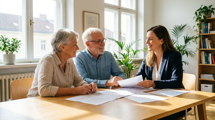 Ein älteres Ehepaar sitzt gemeinsam mit einer freundlichen Beraterin an einem hellen Holztisch und bespricht Dokumente. Die Stimmung ist vertrauensvoll und beruhigend. Helles Tageslicht, professionelles Setting ohne sichtbaren Text auf den Papieren.