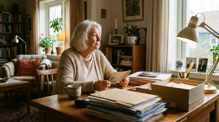 Eine nachdenkliche ältere Frau sitzt an einem Schreibtisch im heimischen Wohnzimmer und sortiert private Unterlagen. Eine Kaffeetasse steht neben ihr. Warme Beleuchtung, realistische Szene.