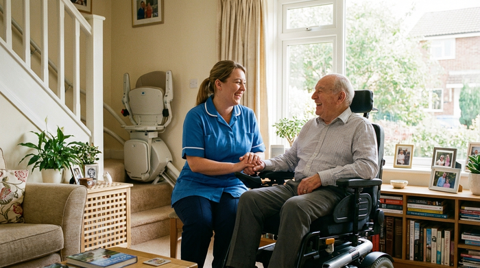 Eine freundliche Pflegekraft lacht gemeinsam mit einem älteren Herrn im Rollstuhl in dessen gemütlichem Wohnzimmer. Im Hintergrund ist ein moderner Treppenlift an der Wand zu erkennen. Helle, positive Atmosphäre.