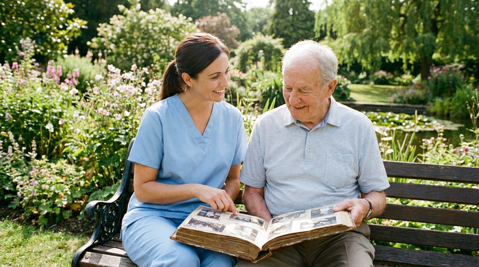 Eine fürsorgliche Pflegekraft in hellblauer Berufskleidung sitzt neben einem älteren Herrn auf einer Parkbank in einem sonnigen Garten und betrachtet gemeinsam mit ihm ein altes Fotoalbum. Friedliche Stimmung, viel Grün im Hintergrund.