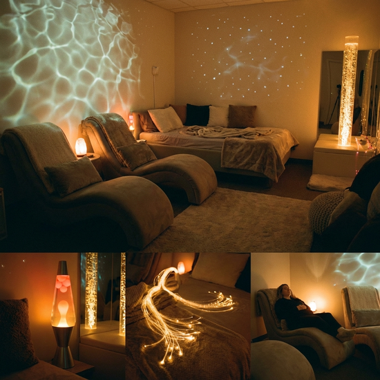 Ein gemütlich eingerichteter Snoezelen-Raum mit gedimmtem, warmem Licht. Bequeme Liegesessel, sanfte Lichtprojektionen an der Wand und weiche Decken sorgen für eine entspannende und beruhigende Atmosphäre.