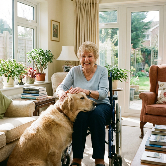 Ein freundlicher Golden Retriever legt sanft seinen Kopf auf den Schoß einer lächelnden Seniorin im Rollstuhl. Helle, wohnliche Umgebung mit großen Fenstern im Hintergrund.