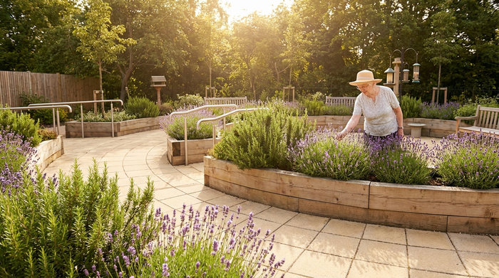 Ein sicherer, barrierefreier Demenzgarten mit einem gepflasterten Rundweg, umgeben von blühenden Hochbeeten mit Lavendel und Rosmarin. Eine ältere Frau berührt vorsichtig die Pflanzen. Warme, sonnige Tageslichtstimmung.